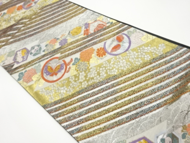 JAPANESE KIMONO / VINTAGE FUKURO OBI / SILK / WOVEN FLORAL PLANTS & BUTTERFLY